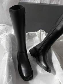 Fall/Winter 2025 New Leather Mid-Heel Over-The-Knee Riding Motorcycle Boots, Simple & Versatile High Shaft Boots For Women, Black