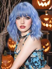 优雅时尚女士假发，14 英寸皇家蓝色耐热合成假发，节日旅行、派对、角色扮演演员假发，日常音乐节、万圣节必备假发 - 寶藍色 - 查看 1