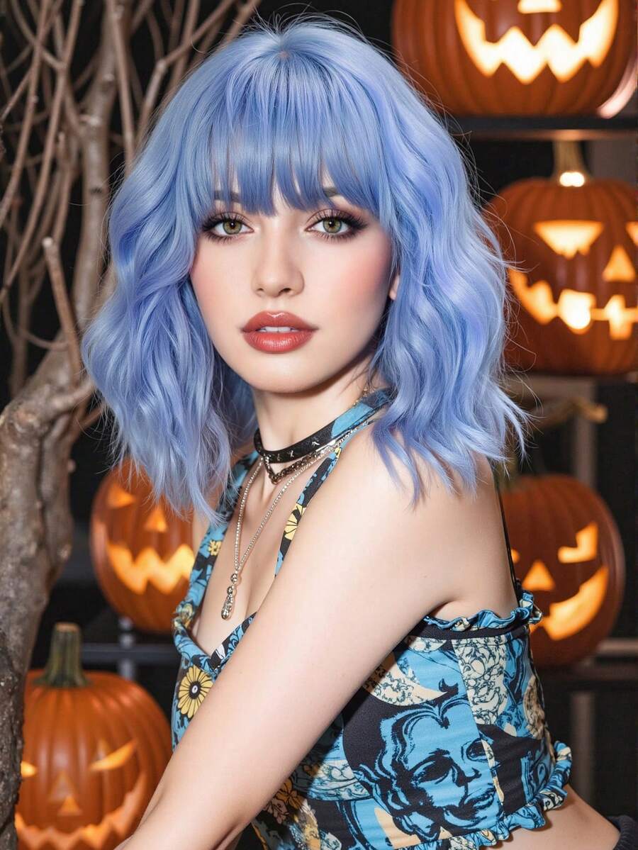 优雅时尚女士假发，14 英寸皇家蓝色耐热合成假发，节日旅行、派对、角色扮演演员假发，日常音乐节、万圣节必备假发 - 寶藍色 - 查看 1