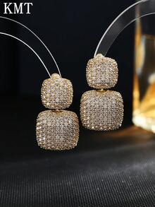 KMT 2pcs Copper Alloy Cubic Zirconia Inlaid Splicing Square High-End Fashion Earrings For Women, Suitable For Party, Daily Wear, And Dating
