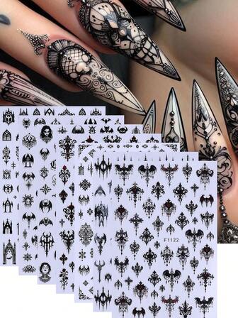 7pcs Gothic Black Nail Art Sticker Set, Gothic Halloween Nail Decals, Black Vine Totem Cross Bat Skull Patterns, 3D Slider Nail Art Decorations DIY Nail Supplies, Suitable For Autumn Nails, Holiday Nails