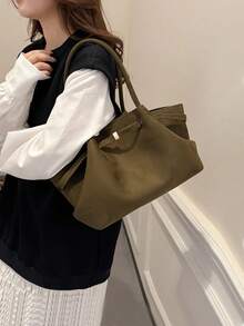 Dedoo 1个FEISTURE仿麂皮手提包，大容量纯色成熟优雅女士手提包，复古风格工作包，适合女孩、女性、大学生、上班族 - 墨綠色 - 查看 4