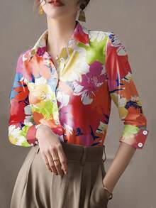 Plus Size Floral & Leaf Print Button Down Shirt - Red - View 3