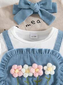 Bộ đồ liền thân tay lửng thêu hoa dễ thương cho bé gái mùa thu/đông màu xanh dương kèm tất họa tiết hoa và băng đô màu xanh - Màu xanh lam - Xem 7