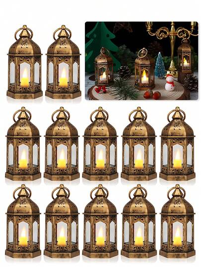 8 piezas/4 piezas/1 pieza - Linternas mini de bronce con velas LED parpadeantes, incluye baterías, adecuadas para decoración interior, colgar, bodas, fiestas de Navidad y decoración de mesa - Decoraciones para fiestas de Navidad