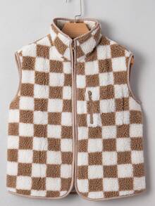 CILKOO Khaki Checkered Lapel Winter Women's Jacket Vest