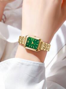 1 件女士休闲时尚方形表盘石英腕表，带钢带，时尚钟表（不含表盒） - 金色 - 查看 5