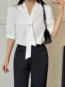 Women Solid Color Bow Tie Design Short Sleeve Casual Shirt - White - View 7