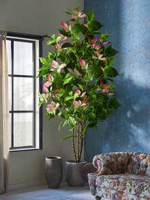 82-144cm Large Artificial Ficus Tree Fake Magnolia Plants Branch Tall Banyan Tree Faux Nandina Tree Rubber Real Touch Fiddle Leaves Plastic Fiddle Plant For Home Garden Office Decor Without 1pc - Hồng - Xem 2
