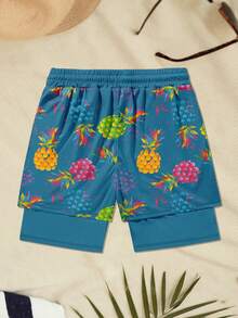 Men's Fashionable Pineapple & Donut Print Double Layer Beach Shorts - Blue - View 3