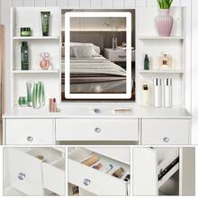 Tocador blanco de 6 cajones con espejo LED y taburete para dormitorio - Perfect For Organizing Makeup, Skincare, Elegant Vanity|Decorative Vanity, Vanity Furniture, Compact For Small Space, Bedroom Decor Gift, Perfect Gift For Women Girls , Ideal para regalos de Navidad y Halloween. - Blanco - Ver 6