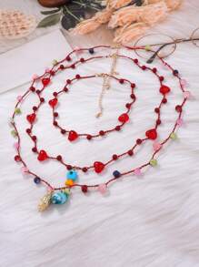 1pc Heart Beaded Multi-Layer Necklace With Fashionable Seashell & Fish Pendant, Suitable For Beach Vacation - Small Fish and Conch Multi-layer Necklace - View 3