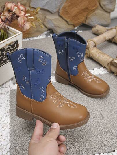 Children's Colorblock Pony Embroidery Denim Boots, Toddler Side Zipper Western Cowboy Ankle Boots, Low Heel