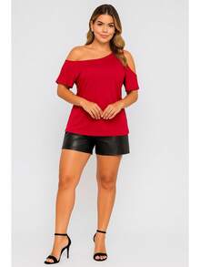 Women's Basic Viscolycra Blouse Round Neck Baby Look Short Sleeve - Red - View 3