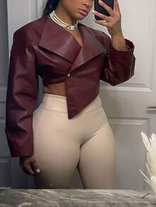 新款时尚女士短款PU皮休闲夹克 - 酒紅色 - 查看 2