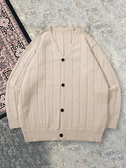 Casual Loose Solid Color Drop Shoulder Long Sleeve Crew Neck Button Down Cardigan Unisex Sweater, Suitable For Spring, Autumn And Winter