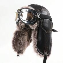 1pc Unisex New Leather Goggles Ushanka Hat, Windproof Ear Warmer Cap, Thick Warm Hat For Outdoor, Suitable For Men And Women