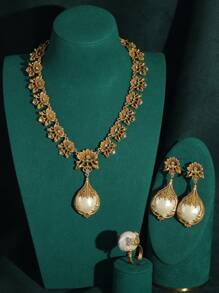 Vintage Distressed 18K Gold Plated Heavy Duty Metal Floral Carving Mother Of Pearl Baroque Pearl Necklace Earrings Ring Jewelry Set - Multicolor - View 10