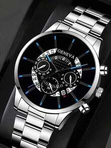 2 Pieces/Set, 1 Silver Stylish Men's Calendar Quartz Watch + 1 Classic Simple Cuban Bracelet - Silver - View 3