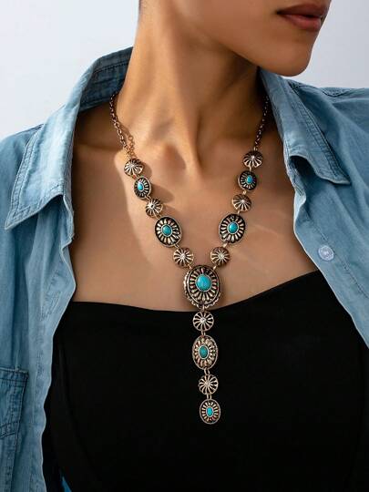 1 Stück vintage bohemian ovale Türkis geometrische Western Cowgirl Stil Y-Kette, modisches Geschenk für Frauen