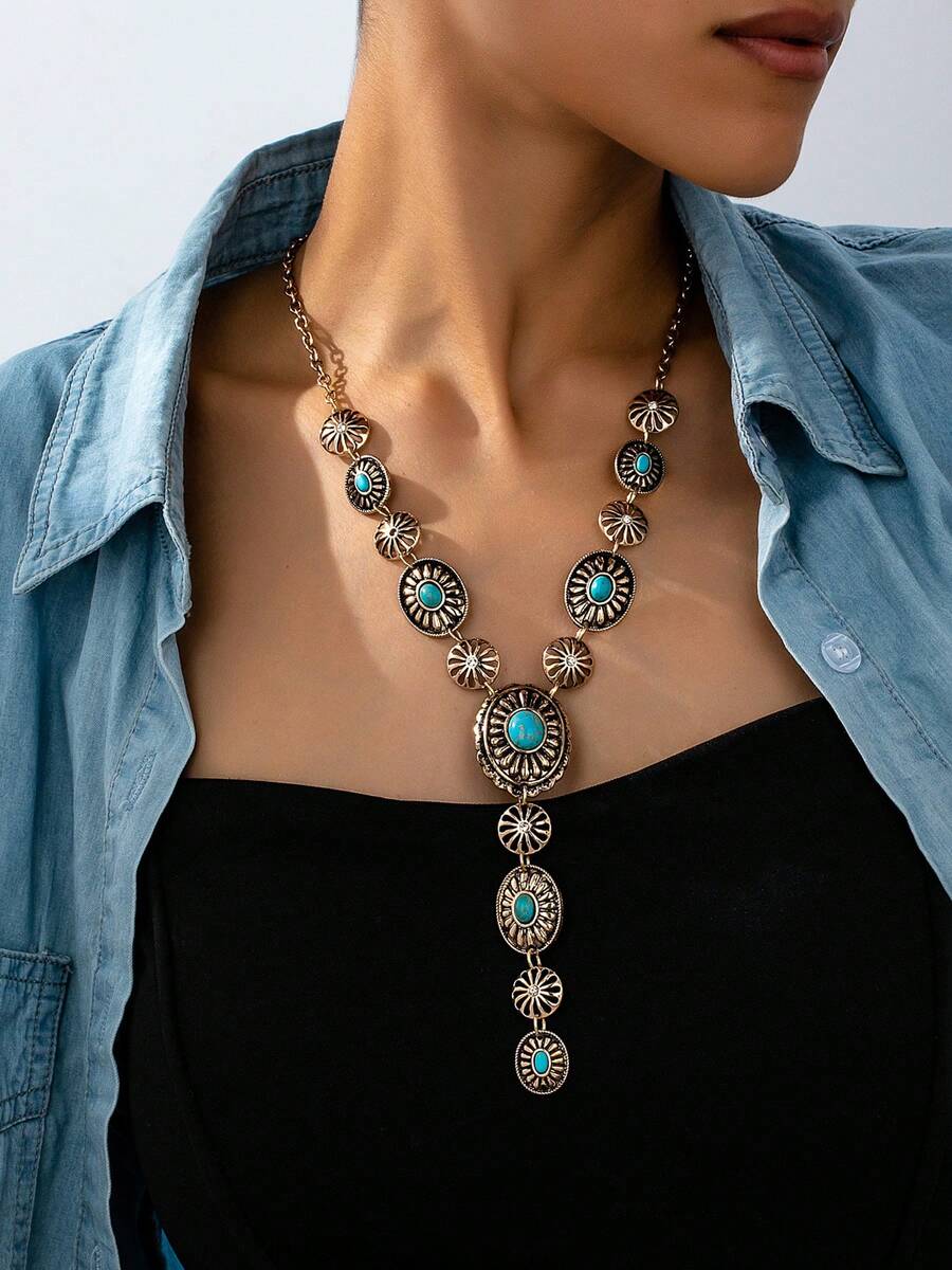 1 pieza Collar en Y de estilo vaquero/vaquera occidental geométrico vintage bohemio con turquesa ovalada, regalo de moda para mujeres - collar - Ver 1