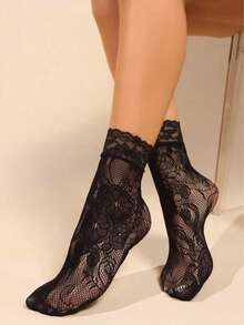 8 Pairs Random Women Lace Socks, Hollow Out Socks, Fashionable Sexy Mid-Calf Socks, Liner Socks - Black - View 2