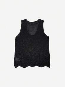 Mejors 女士法式时尚休闲可爱闪亮纹理不对称下摆圆领无袖针织吊带背心，适合度假穿着，夏季必备 - 黑色 - 查看 5