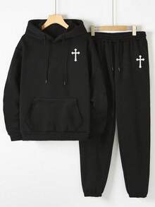 Bộ áo hoodie thu/đông nam | Họa tiết chữ thập | Trang phục thể thao thường ngày thiết yếu - màu đen - Xem 6
