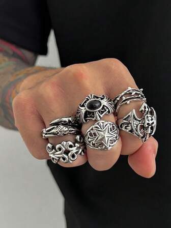 6pcs Punk Style Skull & Star Design Rings Set, Casual Everyday Wear For Men