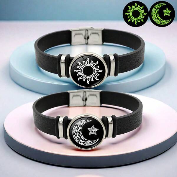 PHCOO 2pcs/Set Glow-In-The-Dark Leather Bracelet, Sun Moon Star Pattern, Fashion & Personalized, Couple Bracelet, Shines In The Dark, Accessory