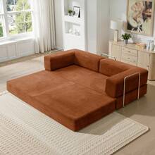 78.7" Foldable 3-Seater Fabric Sofa Bed With Square Armrests, Modular Compressible Living Room Sofa Set, Vintage Suede Comfortable Lounge Chair Sofa, Lazy Sofa (Bean Bag), And Bedroom Sleeper Sofa Bed - 橘色 - 查看 7