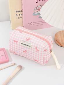 1Pc/Set Cute Pink Plaid & Bow Pattern Large Capacity Cosmetic Bag Multifunctional Travel Storage Bag, Portable Hand-Held Toiletry Bag With Zipper, Suitable For Home, Travel, Vacation And School Use, Travel Essentials, Cruise Essentials, Daily Commuting Essentials, Wedding Bridesmaid Gifts, Back To School Season Gifts And Holiday Gifts Autumn University Essentials Travel Bag For Women Makeup Bag Makeup Organizer