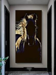 1 pieza Impresión de arte en lienzo abstracto moderno sin marco de caballo negro y dorado - Decoración de pared grande de 60x120cm, póster minimalista de textura animal para sala de estar, dormitorio, pasillo - Decoración del hogar con tema de moda, arte de pared en lienzo listo para colgar, acento de habitación con estilo