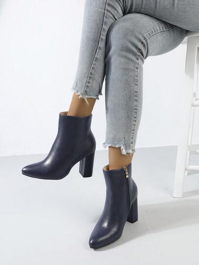 Timesize 海军蓝女式踝靴，时尚靴子，高跟靴，冬靴，女靴