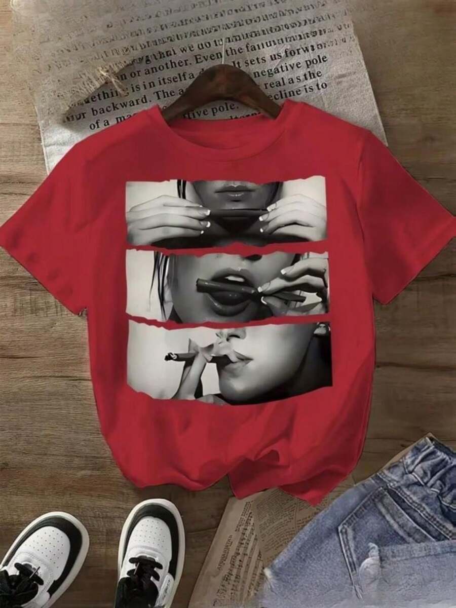 Camiseta Feminina Fotografia Mulher Cigarro Blusa 100 % Algodão Malha Premium Manga Curta Camisa Gola Redonda - Vermelho - Visão 1