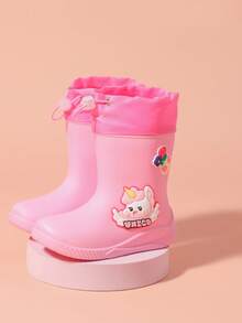 2025 New Children's Mid-Calf Rain Boots, Thick Warm Durable Rubber Boots, Cute Cartoon Drawstring Design, Waterproof, High-End Rubber Shoes, Girls Elementary School Students Minimalist Mid-Calf Rain Boots, Sturdy Construction