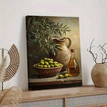 1pc, Rustic Still Life Canvas Wall Art Featuring Fresh Green Olives, Olive Tree Branches, A Vintage Ceramic Pitcher, And Oil Bottle. Ideal Mediterranean Farmhouse Style Picture Print For Kitchen, Dining Room, Or Pantry Wall Decor. - 彩色 - 查看 4