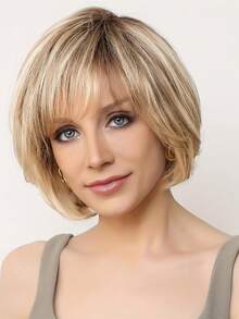 Peruca elegante, cabelo curto estilo fada, penteado dourado degradê para estudantes, bobo tingido no topo, com capa de fibra sintética por dentro, densidade 150%, fibra sintética, para perucas femininas