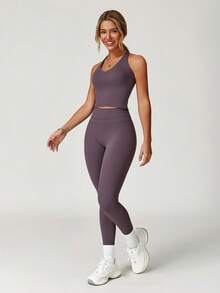 MASKERT "2-Piece Set"Women's Vest Yoga Tight Pants Set, High Stretch Running Sports Set, Comfortable And Skin Friendly - 紫色 - 查看 4