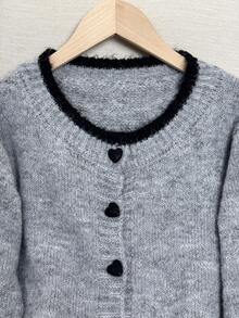 Wixra 2025 Autumn New Design Colorblock Heart Button Knitted Cardigan, Versatile Women Sweater Jacket - Grey - View 6