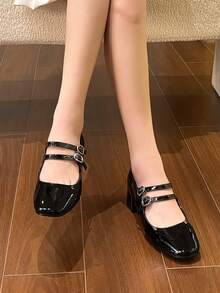 Sapatos vintage Mary Jane femininos com fivela dupla e salto grosso, sapatos elegantes para uso diário - Preto - Ver 1