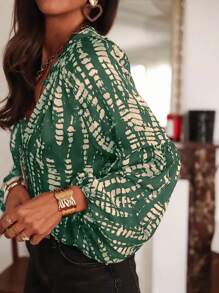 女士春夏假期满印花衬衫 - 优雅灯笼袖、纽扣领、轻质涤纶、全印花夏季衬衫 - 綠色 - 查看 3