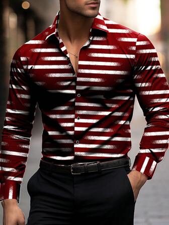 Camisa de manga larga de solapa de un solo pecho de moda roja para hombre, con diseño de rayas blancas adecuada para primavera, verano, otoño, estilo de negocios, apta para oficina, negocios, ocasiones casuales y formales