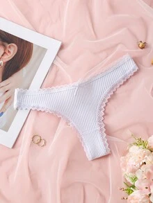 3 件装女士纯色高端蕾丝拼布丁字裤，可爱蝴蝶结设计，无缝弹力柔软舒适内衣 - 彩色 - 查看 9