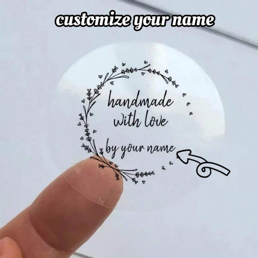 Custom Clear Plastic Stickers With Black Print - Personalized Handmade Lavender Wreath Decals - 50-Pack Adhesive Labels With Love By Your Name