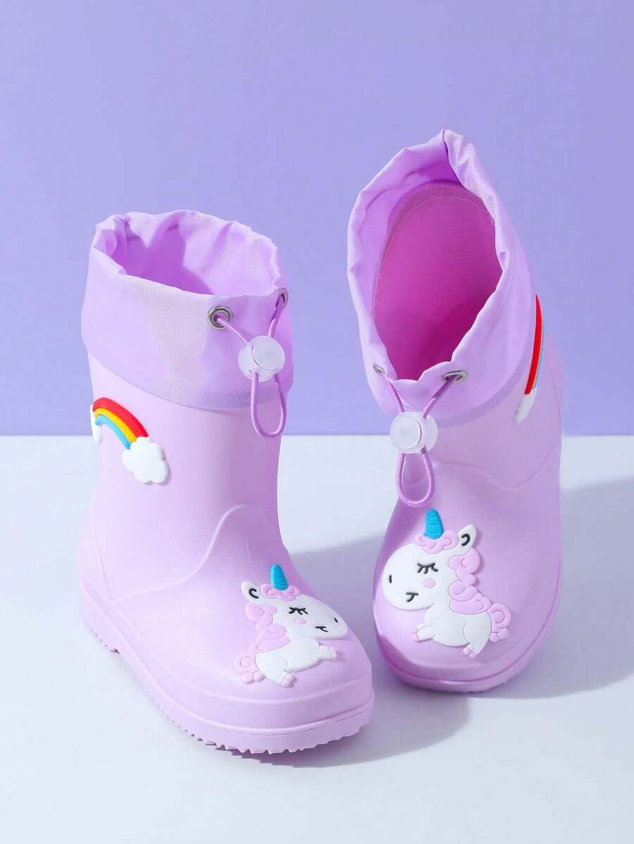 2025新款儿童中筒雨靴加厚保暖耐用橡胶靴可爱卡通抽绳设计防水防滑男女童小学生高档雨鞋清新款式 - 紫羅蘭色 - 查看 1