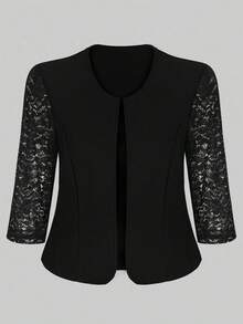 Veste courte élégante à manches 3/4 en dentelle et patchwork, ouverte devant. Convient pour le travail et diverses occasions. Vêtements d'automne pour femmes - Noir - Voir 6