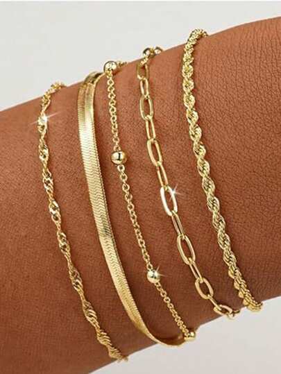 5pcs Elegant Stackable Women's Gold Tone Bracelet Set, Suitable For Daily Wear Jewelry (Bead Chain And Bead Quantity Random, Fixed Length)