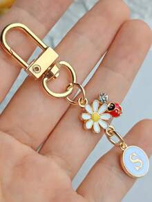 1pc Unisex A-Z Letter Stainless Steel Keychain, Minimalist Letter, Flower, Ladybug Design, Gift For Friends, Bag Pendant - Multicolor - View 26