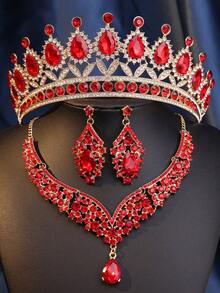 4件套时尚新娘皇冠项链耳环套装，锌合金头饰镶钻婚礼首饰套装，优雅婚礼配饰套装，情人节配饰 - 紅色 - 查看 20